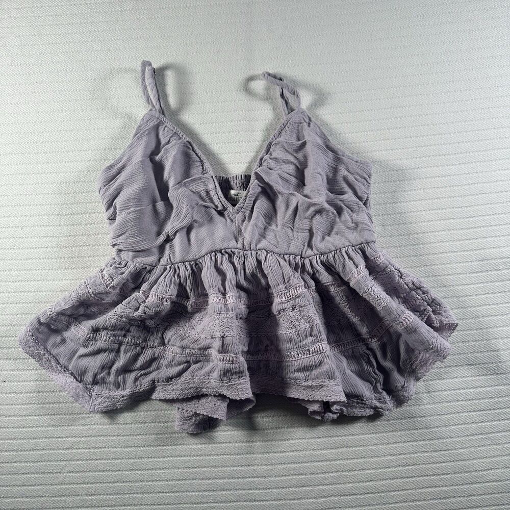 Hollister Women’s Medium Ruffle Crop Tank Top Boho Flowy Lace Trim Cami Purple